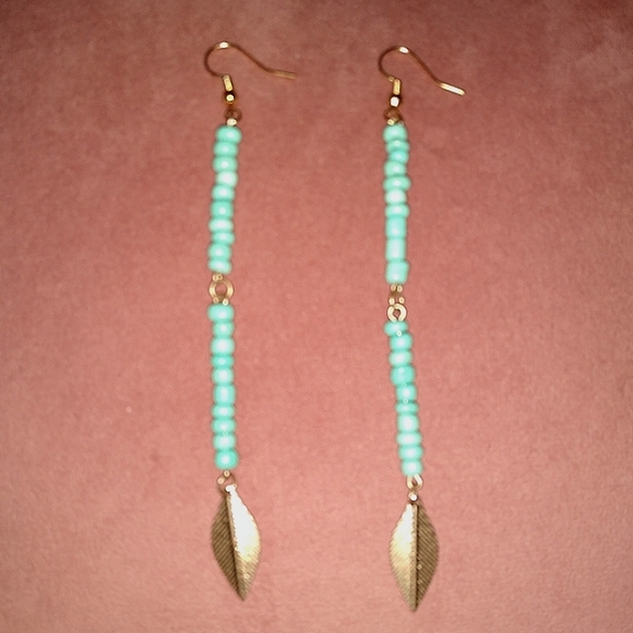 KATTA Long 4.5" Handmade Dangle Earrings Gold Turquoise Leaf Feather Charms New - Picture 7 of 10
